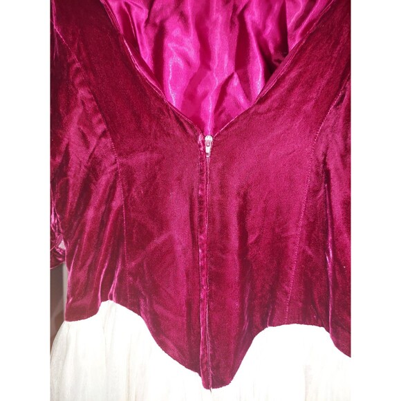 80s Vintage Red Wine Velvet Half Sleeve Victorian Puff Shoulder Party Ball Dress - Picture 11 of 12